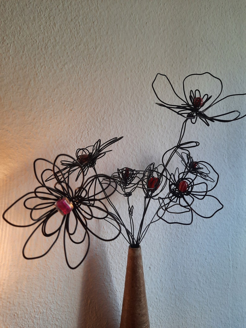 Wire Flower Bouquet With Red Glass Beads Black Aluminum Wire Etsy