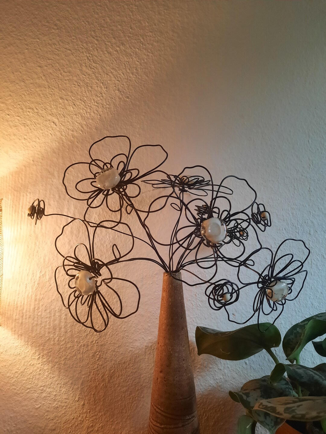 Wire Flower Bouquet With White Glass Beads Black Aluminum Etsy