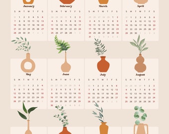 2024 Kalender, Poster, Digitaler Download, Druckbarer Planer, Beige Braun Natur, Vasen, Pflanzen, Aquarell, Illustration, Grün, Organisieren