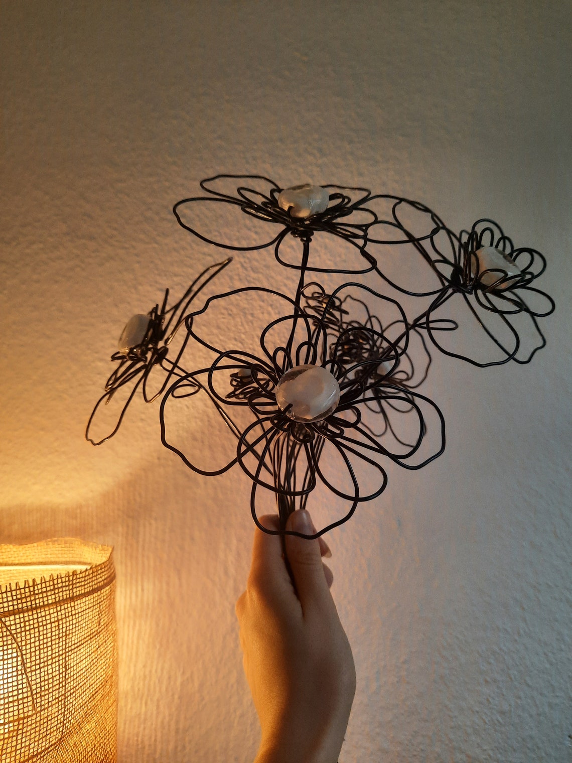 Wire Flower Bouquet With White Glass Beads Black Aluminum Etsy