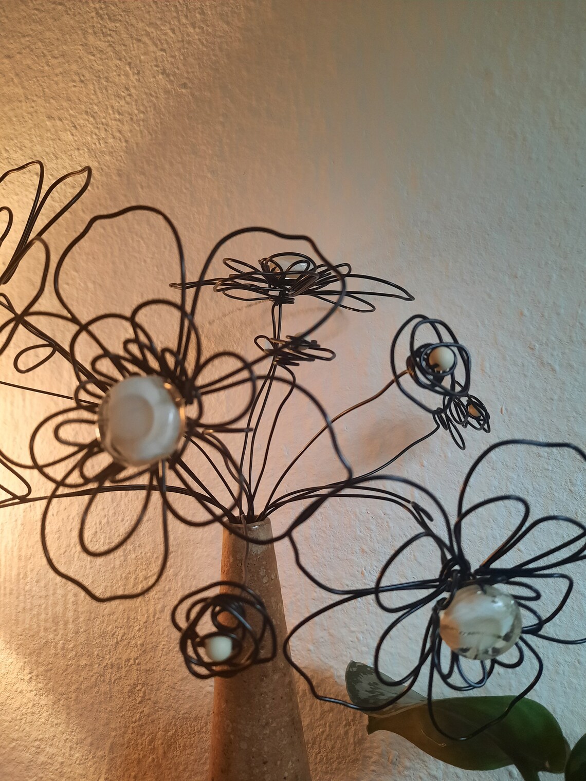 Wire Flower Bouquet With White Glass Beads Black Aluminum Etsy