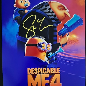 May include: A movie poster for Despicable Me 4 featuring Gru, a Minion, and a baby. The poster is predominantly blue with orange text that reads "Despicable Me 4". The poster is signed in gold ink.