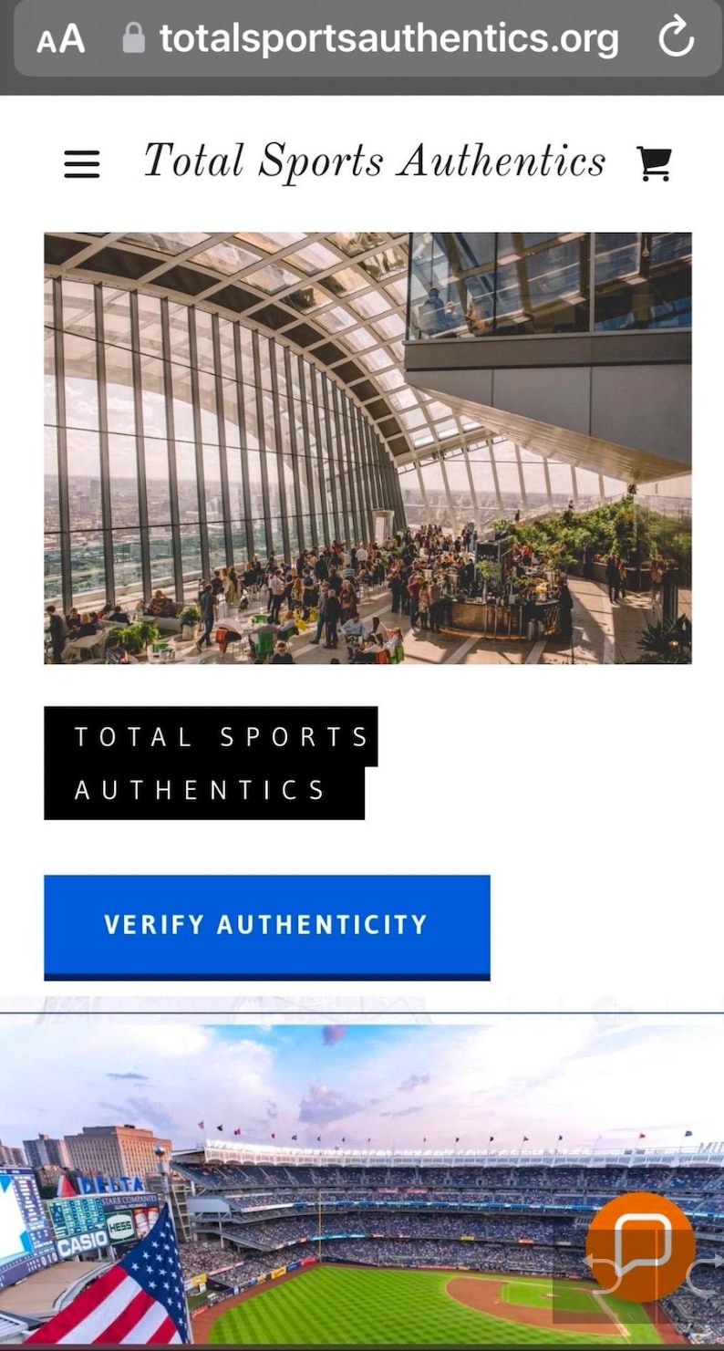 May include: A mobile website interface for Total Sports Authentics featuring a header with a menu icon and shopping cart. The page displays a large image of a glass-enclosed indoor garden space, followed by a black button labeled TOTAL SPORTS AUTHENTICS.