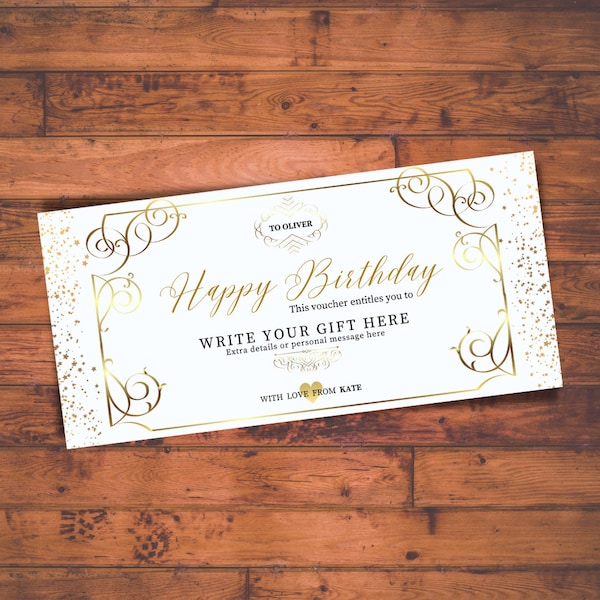 Bon cadeau anniversaire imprimable et personnalisable, or - chèque cadeau, certificat cadeau, coupon, carte cadeau - modèle Canva festif