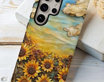Funda para teléfono con diseño de girasol: diseño floral de papel, resistente a los impactos