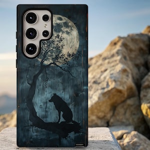 Blue Wood Wolf Moon Tough Phone Case: iPhone, Samsung, Pixel