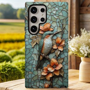 Stained Glass Humming Bird Phone Case, Mosaic Floral Aesthetic, iPhone 13 14 15 16 Plus Pro Max, Samsung S23 S24 S25 Ultra, Pixel 7 8 9