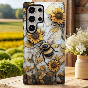 Stained Glass Bumble Bee Phone Case, Sunflower Floral Aesthetic, iPhone 13 14 15 16 Plus Pro Max, Samsung S23 S24 S25 Ultra, Pixel 7 8 9