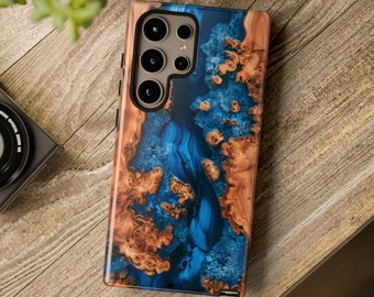 Live Edge Wood and Blue Epoxy/Resin V1 Phone Case, Faux Live Edge Wood Design, S24, iPhone, Samsung, Pixel