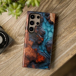 Faux Wood and Resin Phone Case, Blue and Red Epoxy Texture Effect, Live Edge Wood Design, S24, iPhone, Samsung, Google  Pixel