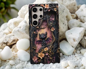 Baby Dragon Phone Case, Floral Black Purple Cover, Tough Case