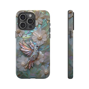 Mosaic Mother of Pearl Hummingbird Phone Case, Faux Iridescent Stained Glass, Gift for Bird Lover, iPhone 16 Plus Pro Max, Samsung, Pixel