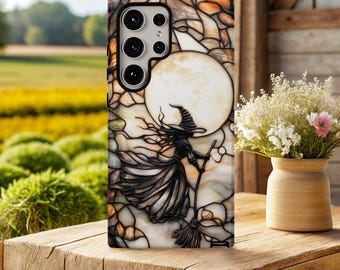 Stained Glass Halloween Witch Phone Case: Impact-Resistant Cover