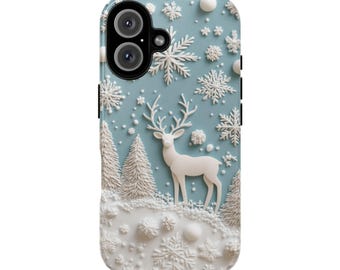 Etui na telefon z motywem renifera: zimowy las, płatki śniegu, niebieski