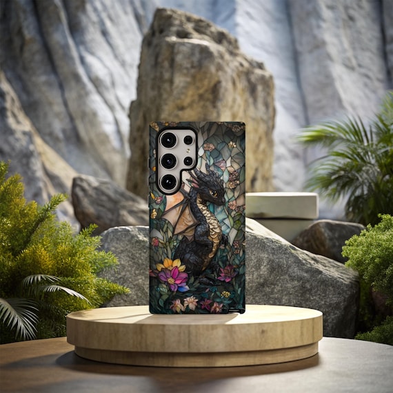 Black Dragon Phone Case: Stained Glass Fantasy Cover; Pixel, Galaxy, iPhone