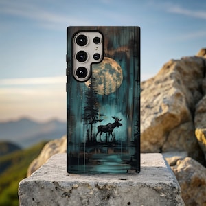 Rustic Wood effect Moose in Moonlight Phone Case, Tough Case, Samsung Galaxy, iPhone, Pixel