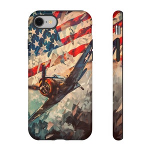 May include: A phone case with a vintage-style illustration of a fighter plane flying through a cloudy sky with an American flag in the background.