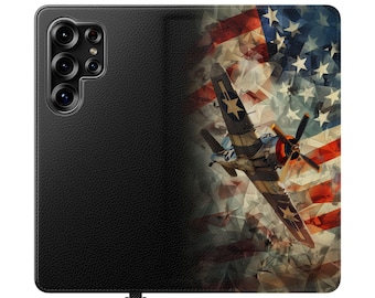 Patriotic WW2 Fighter Faux Leather Phone Wallet Case: American Flag