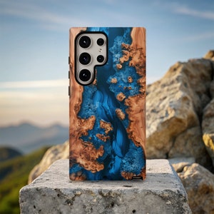 Coque de portable Live Edge en bois et époxy/résine bleue V1, imitation bois, S24, iPhone, Samsung, Pixel
