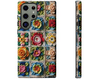 Floral Crochet Quilted Phone Case: Cottagecore Knit Effect, Tough Case