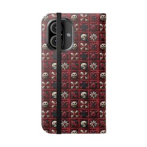 Funda tipo cartera con diseño de calaveras, piel sintética con bordado de punto falso, diseño de calaveras florales en cuadrados, para Samsung, iPhone 16
