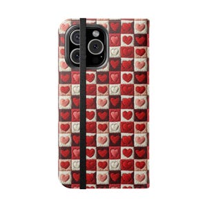 Funda de piel sintética con tapa abatible, funda tipo billetera para teléfono, Samsung, iPhone 16, con bordado de corazones en cuadrados