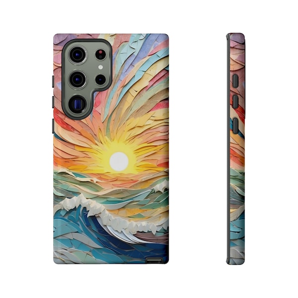 Papercraft Sunset over the Sea Phone Case, Tough Case, Mosaic Effect, iPhone Mini Pro Max, Samsung Galaxy, Google Pixel