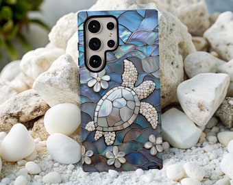Mother of Pearl Sea Turtle Phone Case: Faux Stained Glass Iridescent Sea Life