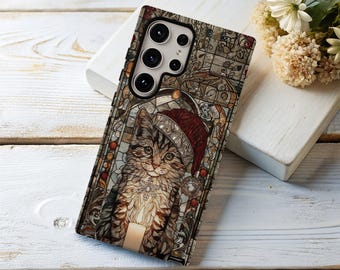 Stained Glass Christmas Cat Phone Case, Xmas Phone Cover; Pixel, Galaxy, iPhone