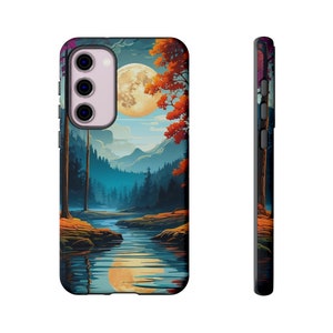 Custodia per telefono con scena di valle illuminata dalla luna, effetto texture artistica 3D, alberi della natura all'aperto, lago, fiume, luna, iPhone, Samsung Galaxy, Google Pixel