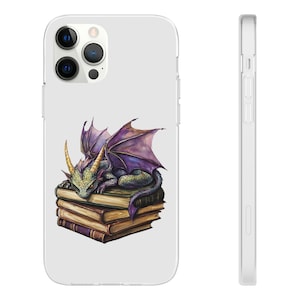 Funda para teléfono con diseño de dragón y libros, con estampado de dragón de fantasía, carcasa encantada, regalo para fanáticos de la fantasía, accesorio bonito para teléfono.