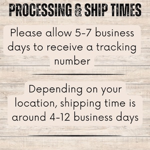 May include: Text on a light wood-grain background reads "PROCESSING & SHIP TIMES." It states to allow 5-7 business days to receive a tracking number. Shipping time is around 4-12 business days depending on location.
