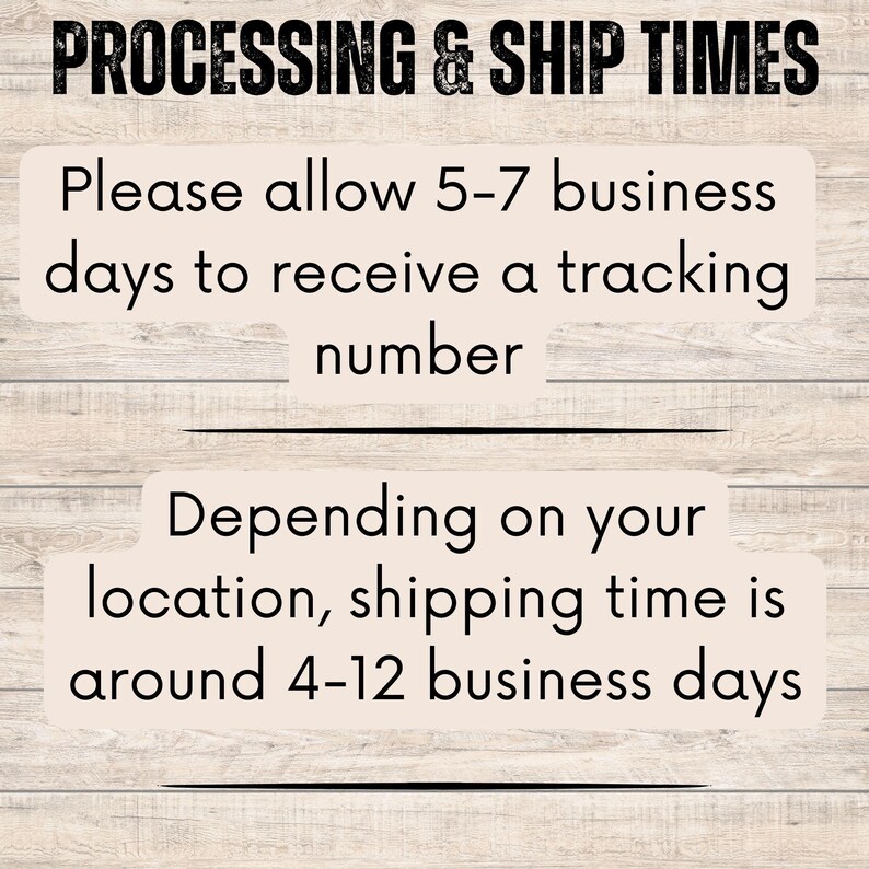 May include: Text on a light wood-grain background reads "PROCESSING & SHIP TIMES." It states to allow 5-7 business days to receive a tracking number. Shipping time is around 4-12 business days depending on location.