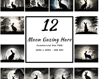 Linocut Style Moon Gazing Hare Clipart - 12 High Quality - Digital Planner, Junk Journaling, Linocut, Commercial Use - Digital Download