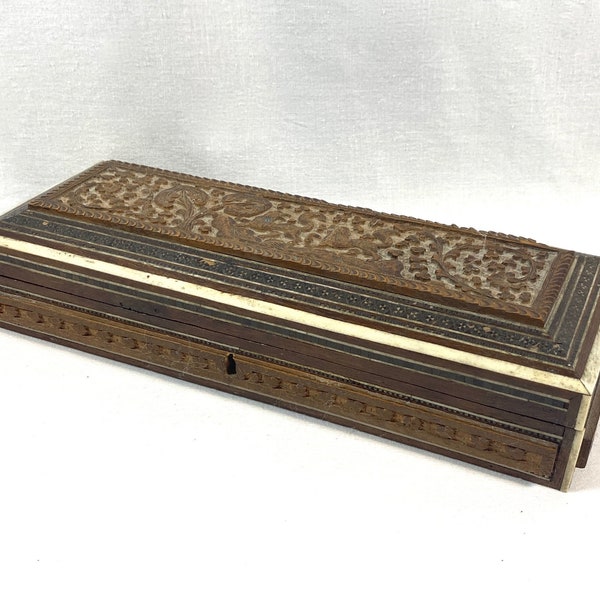 Antique Anglo Indian Mughal Carved Wooden Box | Parsi Sadeli-ware Lidded Box Micro Mosaic Hand Decorated 19th Century