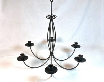 Vintage Wrought Iron 6 Arm Hanging Candelabra | Rustic Basket Design Candle Chandelier | Indoor or Outdoor Lighting for Taper Candles