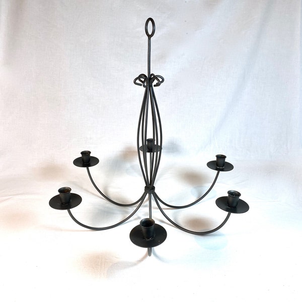Vintage Wrought Iron 6 Arm Hanging Candelabra | Rustic Basket Design Candle Chandelier | Indoor or Outdoor Lighting for Taper Candles