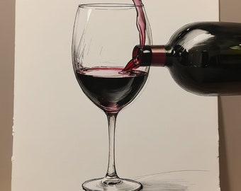 May include: A glass of red wine being poured from a bottle. The wine is a deep red color and the glass is clear. The bottle is dark and has a label on it.