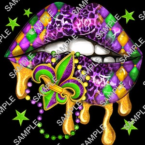 May include: Purple and green lips with a gold glitter drip and a purple and green fleur-de-lis with a gold trim. A string of purple and green beads hangs from the bottom of the lips.
