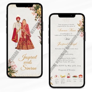Bewerkbare digitale Sikh Punjabi Anand Karaj huwelijksuitnodiging aanpasbare Save the Date bruiloft programma trouwkaart e-vite