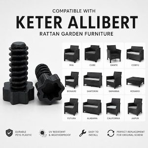 May include: Two black plastic screws with star-shaped heads, compatible with Keter Allibert rattan garden furniture. The image displays twelve furniture models: Mia, Cube, Dante, Corfu, Bonaire, Santorini, Samanna, Rosario, Futura, Alabama, California, and Jaipur.