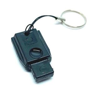 May include: A black rectangular plastic electronic key fob featuring a single circular button in the centre, a smaller circular indentation at the bottom, and a black cord attached to a silver metal split ring for key attachment purposes.