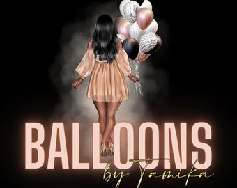 Könnte beinhalten: Eine Frau in einem Pfirsichkleid geht von der Kamera weg und hält einen Strauß schwarzer, weißer und goldener Ballons. Der Text "BALLOONS by Tamika" ist in rosa und goldenen Buchstaben.