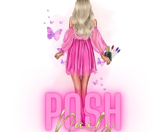 Könnte beinhalten: Eine Frau in einem rosa Kleid mit Schmetterlingen um sie herum, die eine Flasche Nagellack und Nagelkunstwerkzeuge hält. Der Text "POSH Nails" ist in rosa und goldenen Buchstaben.