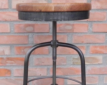 Stool with adjustable seat height, metal structure with oak seat, handmade, industrial style