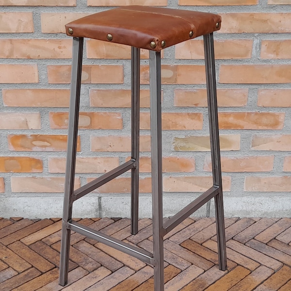 Industrial stool, solid, factory-made, high, metal, natural leather, handmade.