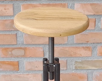 Stool with adjustable seat height, metal structure with oak seat, handmade, industrial style