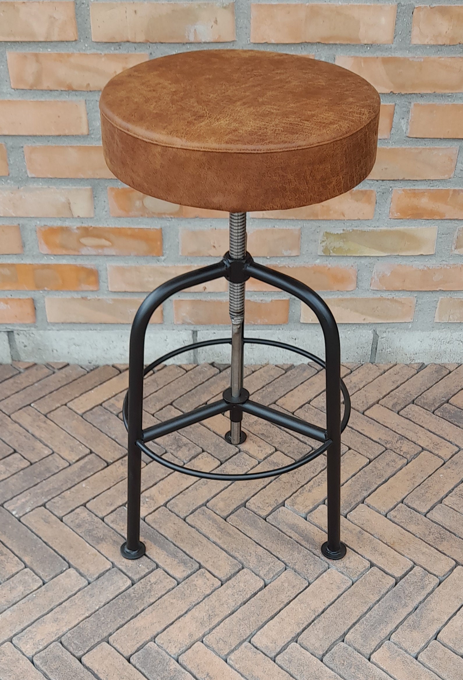 Stool with adjustable seat height, metal structure, wooden seat with sponge and leather, handmade, industrial style, matt black