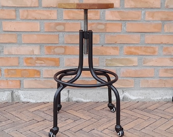 Stool with adjustable seat height,  mobile, on wheels, metal structure with oak seat, handmade, industrial style, matt black