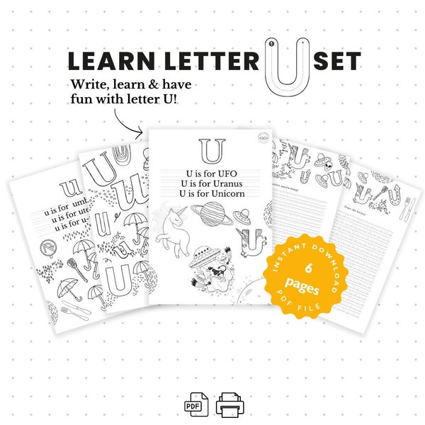 Letter of the Day "U" Worksheet Set | Learning Letters ABC Homeschool | Preschool Pre-k | Toddler Alphabet | Print Instant Download PDF